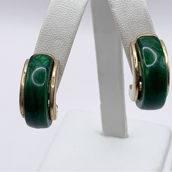Green faux stone and gold tone chunky half hoop earrings - Picture 2 of 11